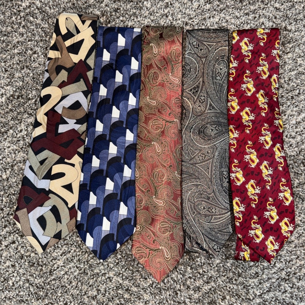 Lot of 5 Designer Silk Ties Henry Grethel Geoffrey Beene Urban Canvas Dragon Tie